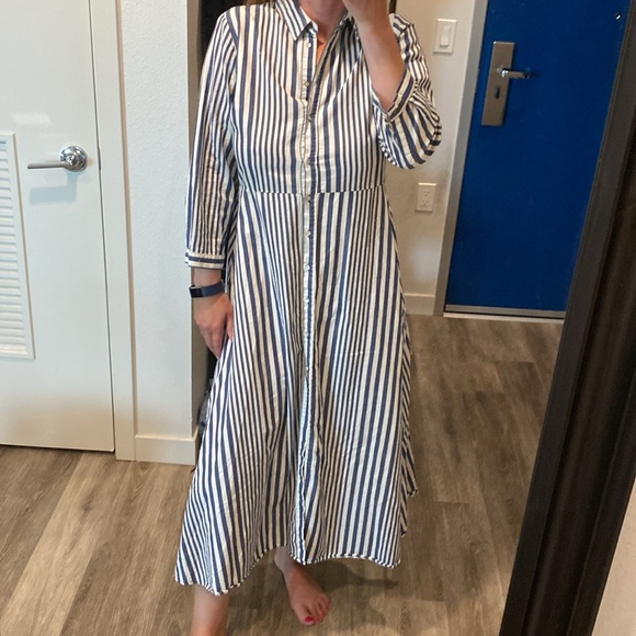 Zara striped button front collared coastal blue white long maxi dress Large - Picture 1 of 12